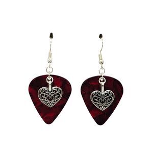 Decorative Heart Charm Guitar Pick Earrings - Choose Color - Handmade in USA